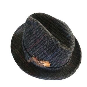 Dobbs Fifth Avenue Vintage Wool Plaid Fedora Hat Black Gray Feather Sz. S